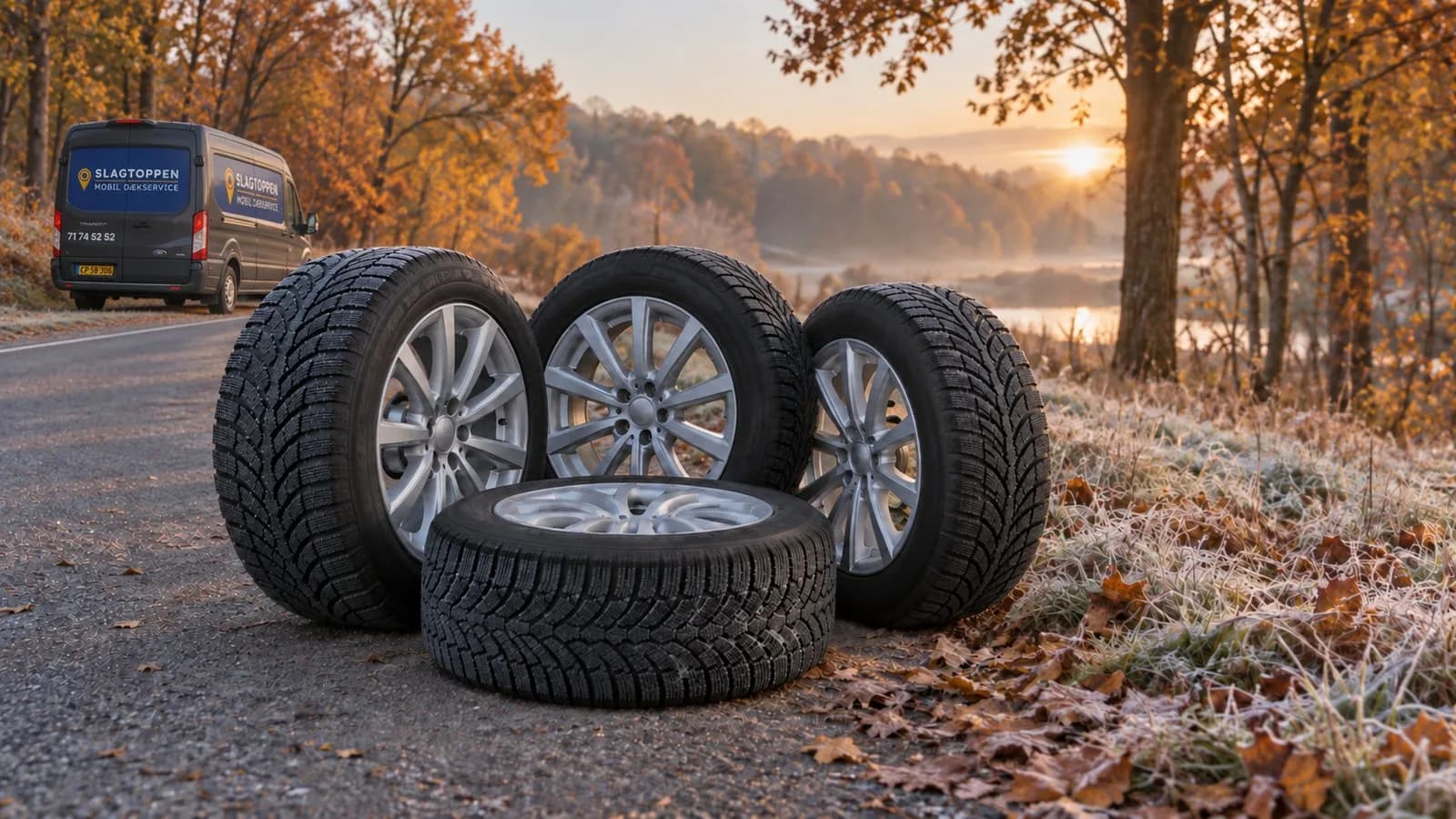 Vinterhjul klar til mobil hjulskift med Slagtoppens servicebil i et efterårslandskab med morgenfrost.
